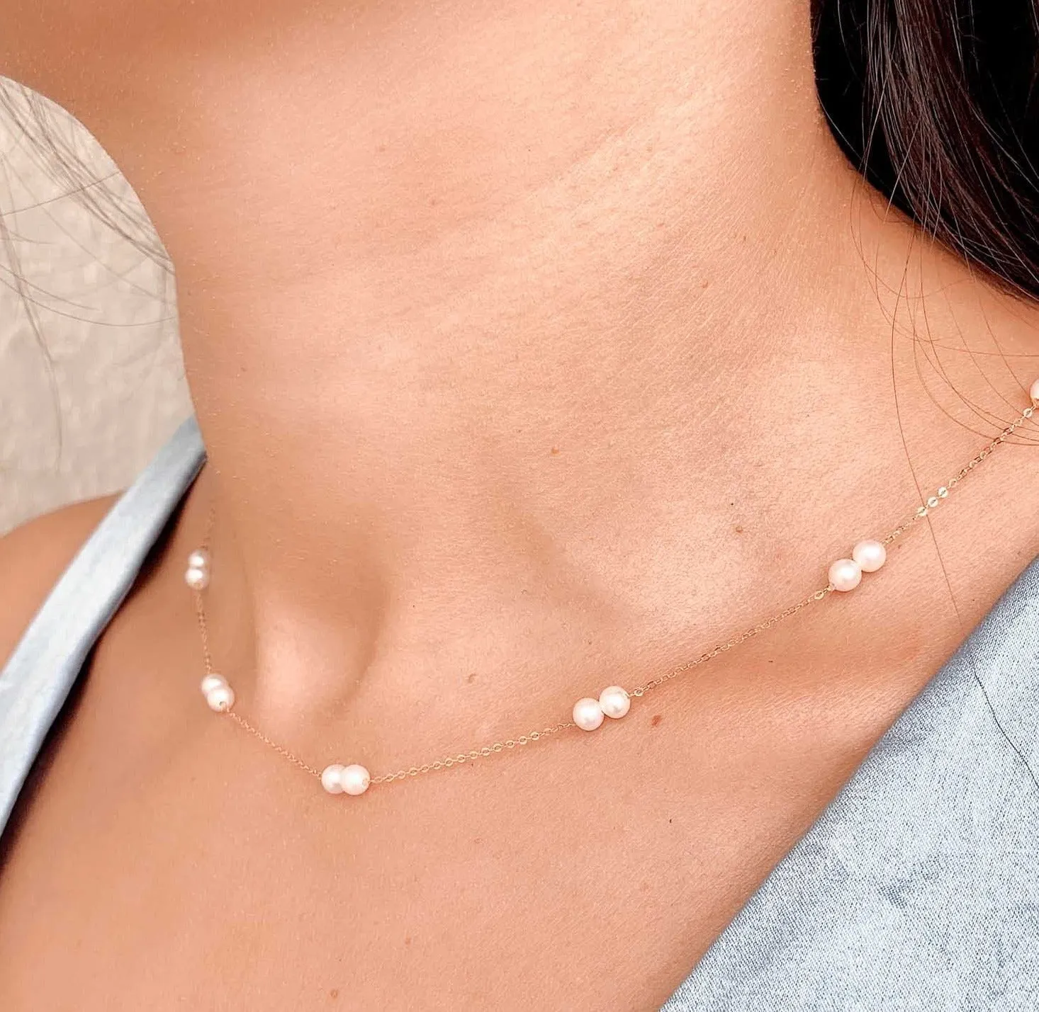 Double Pearl Station Necklace on Dainty 18K Rose Gold Chain R4366