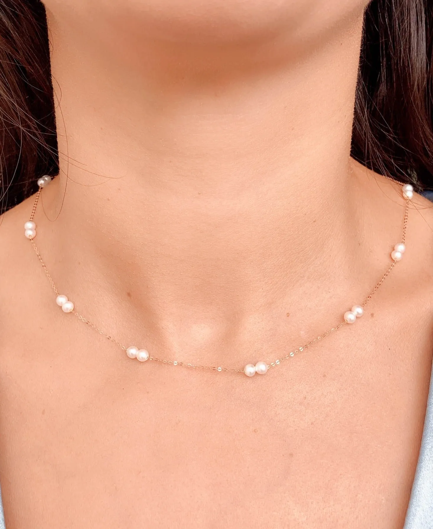 Double Pearl Station Necklace on Dainty 18K Rose Gold Chain R4366