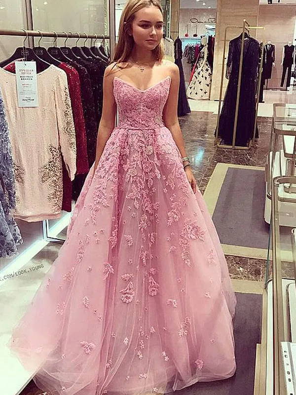 Dusty Rose Strapless Lace A-line Prom Dresses , DB1095