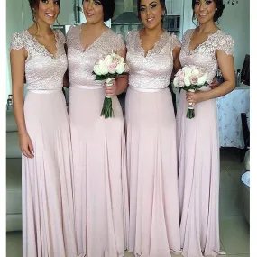 Elegant Clairvoyant Outfit Lace V-neck Cap Sleeve Floor Length Chiffon Column Wedding Party Bridesmaid Dresses, DB0088