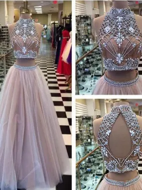 Elegant Two Pieces High Neck A-line Prom Dresses,PD0115