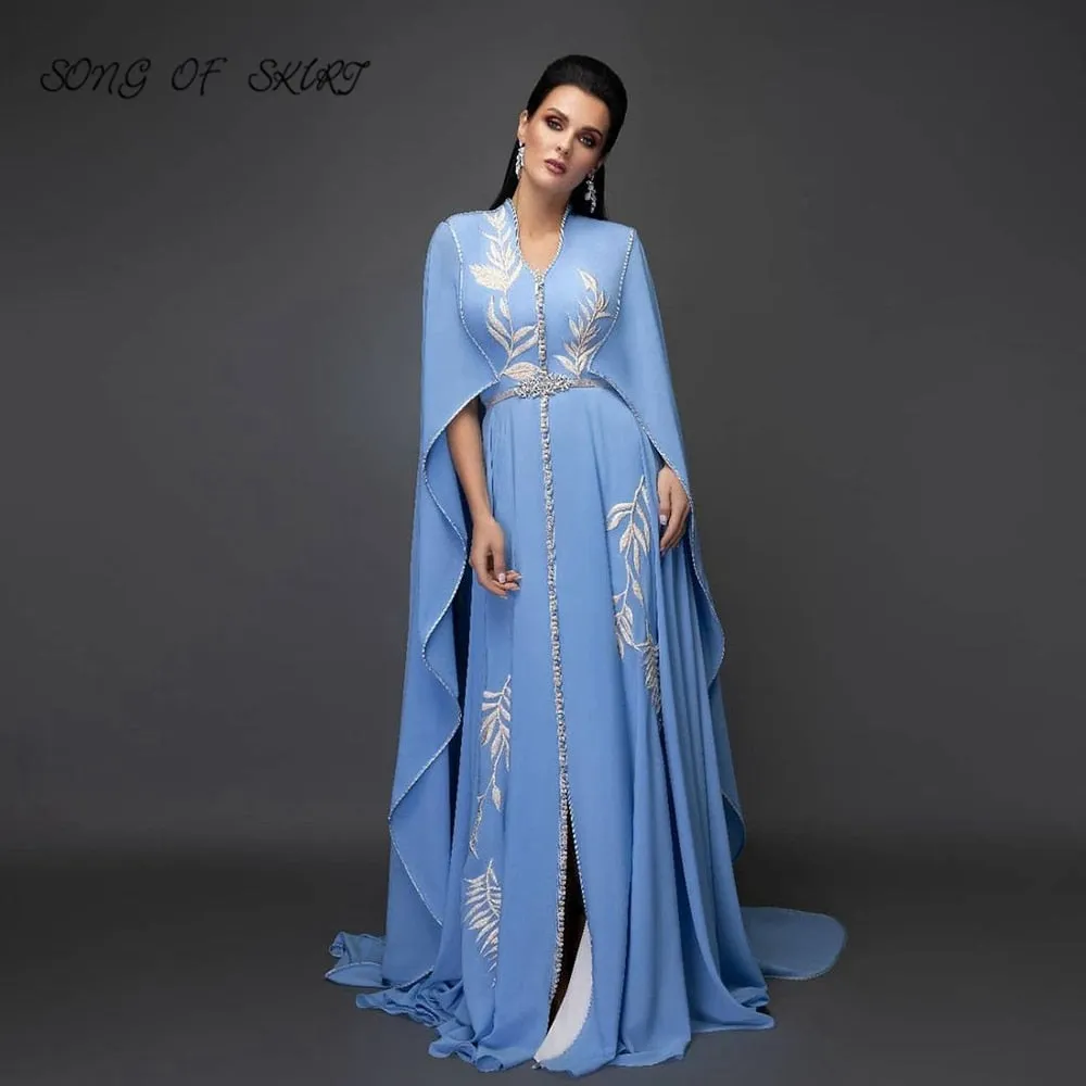 Elegant V-neck Sky Blue Dress Muslim Women Moroccan Kaftan