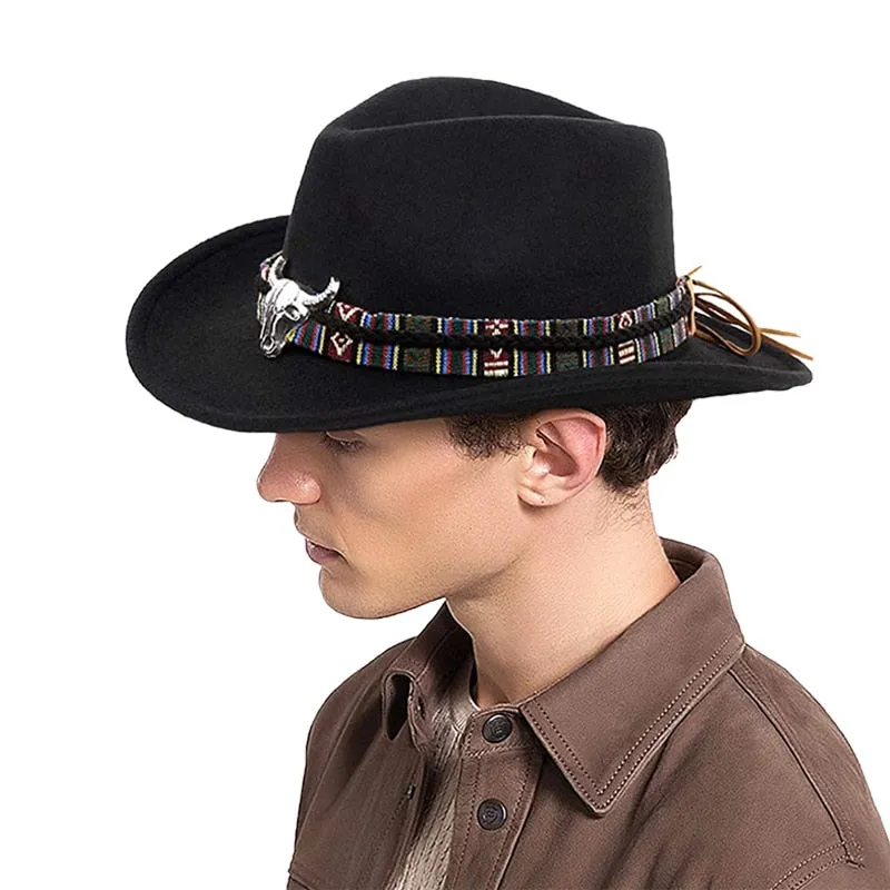 Ethnic Style Cowboy Hat Men Wool Wide Brim Unisex Bull Shaped Decor Western Cowboy Hats Women Elegant Party Caps