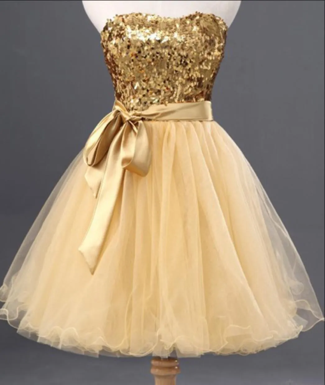 Fashion Gold Sequins Bow Sash Sweetheart Strapless Short Cute Homecoming Dresses, CM0029