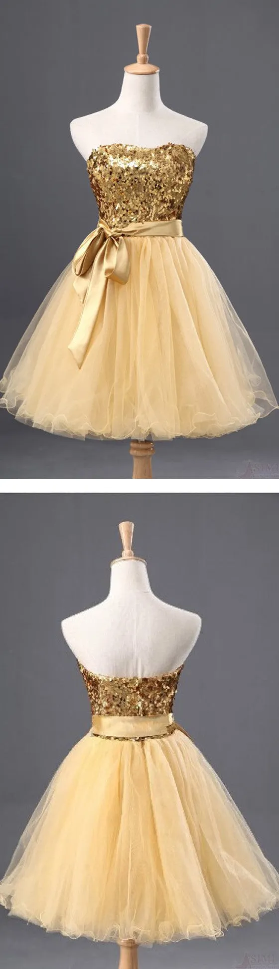 Fashion Gold Sequins Bow Sash Sweetheart Strapless Short Cute Homecoming Dresses, CM0029