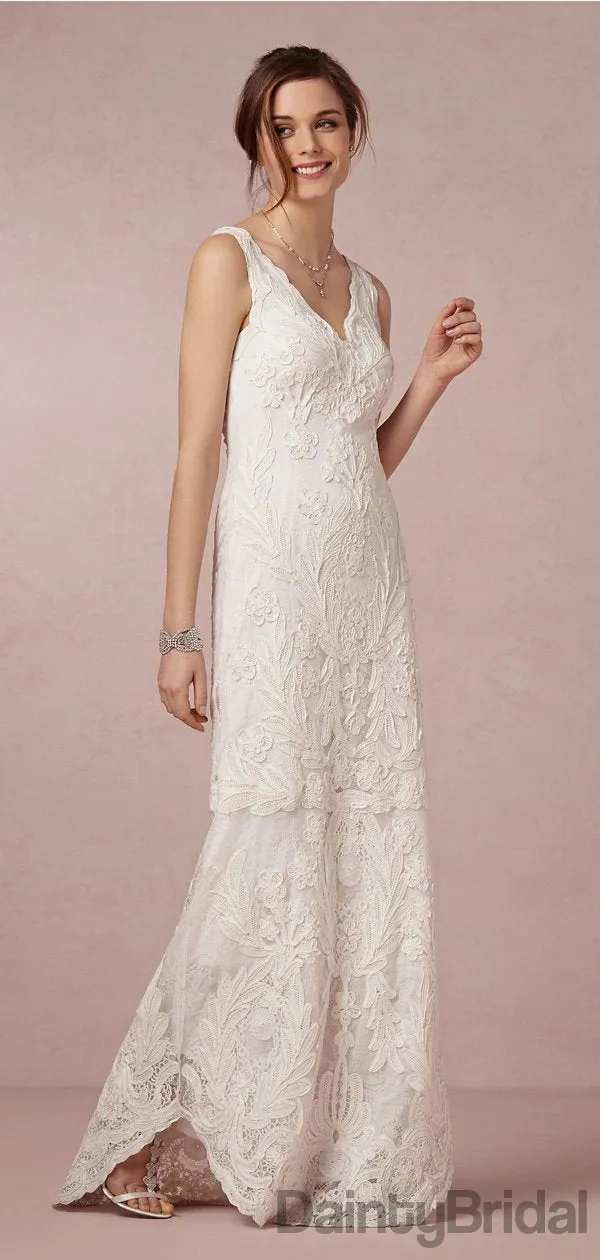 Fashion V-Neck Sleeveless Lace Floor Length Wedding Dresses.DB10092