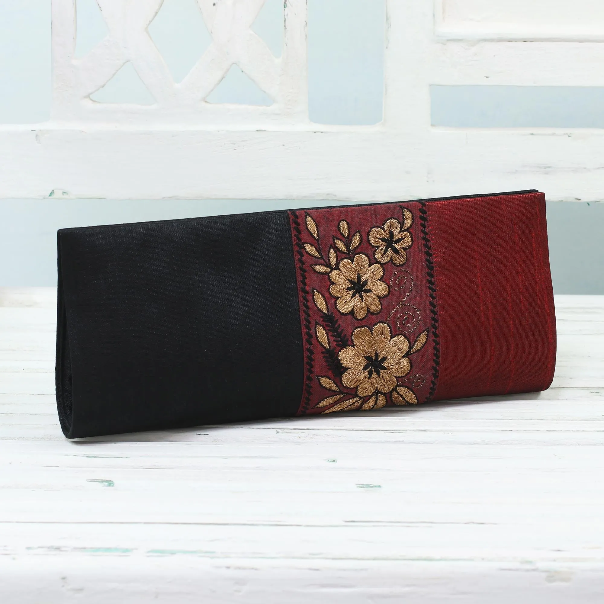 Flowery in Black and Crimson Black and Crimson Clutch Evening Handbag from India