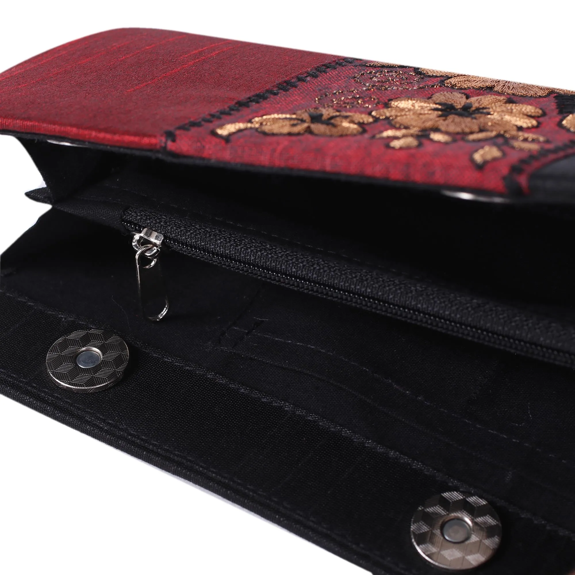 Flowery in Black and Crimson Black and Crimson Clutch Evening Handbag from India