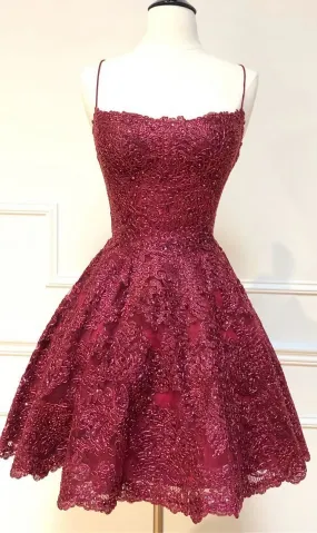 Formal Short Homecoming Dresses, Spaghetti Straps Cocktail Party Dresses, Burgundy Lace Homecoming Dresses, 2476