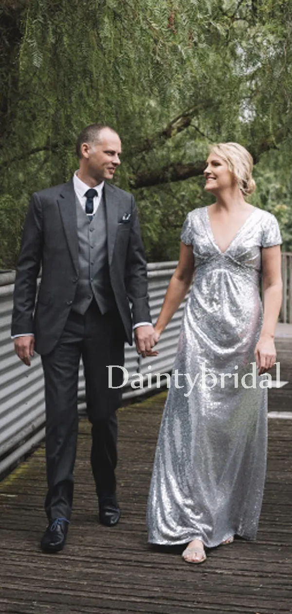 Gogerous V-neck Sequin Floor-length Long Wedding Dresses.DB10641