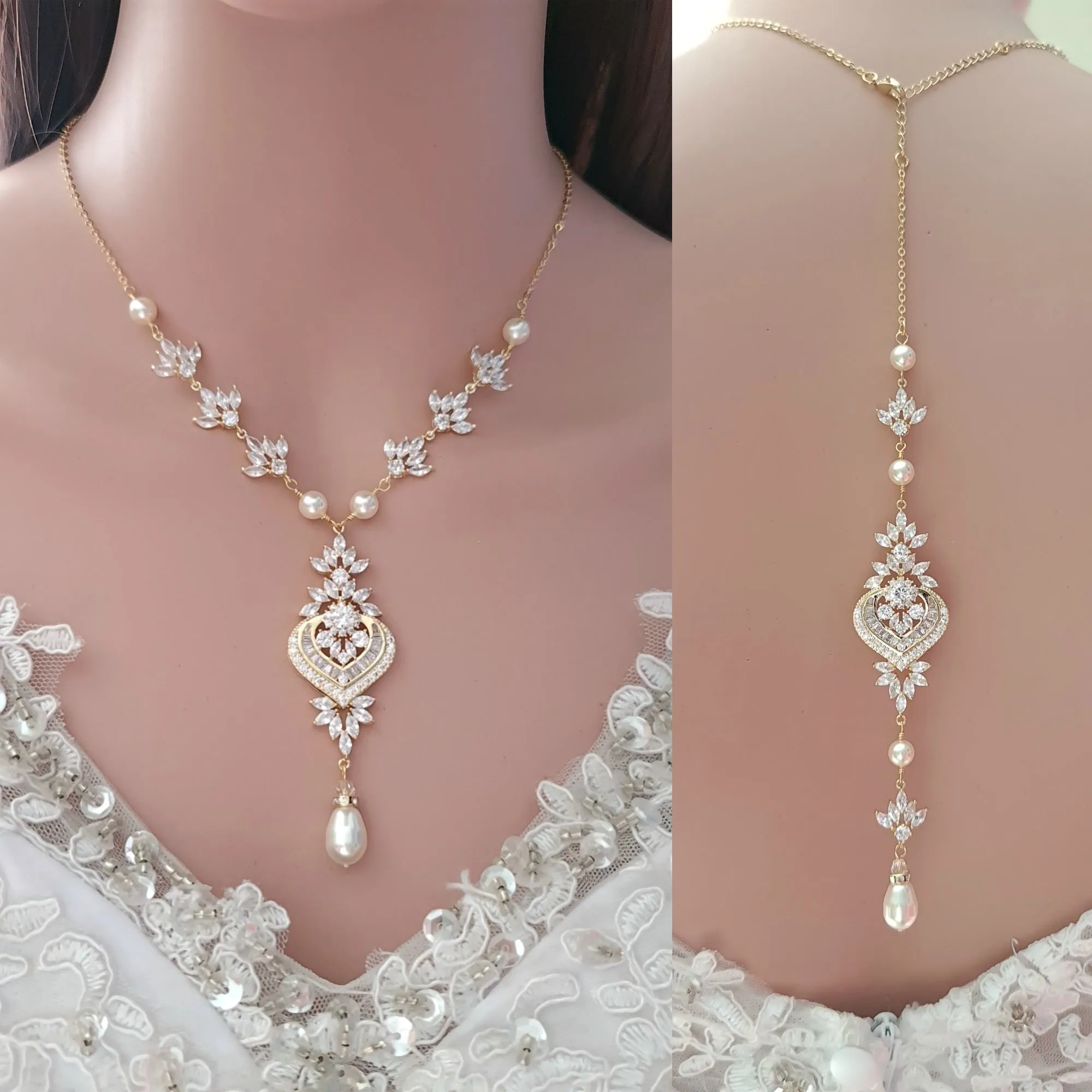 Gold Backdrop Necklace for Brides-Rosa