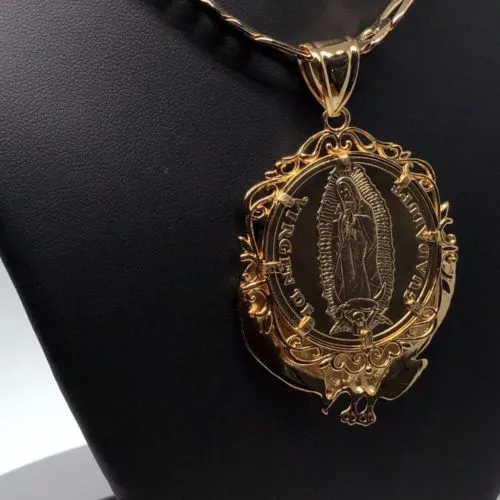 Gold Plated San Judas Tadeo Virgen Centenario Pendant Necklace