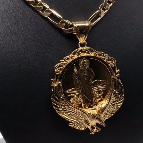 Gold Plated San Judas Tadeo Virgen Centenario Pendant Necklace