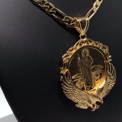 Gold Plated San Judas Tadeo Virgen Centenario Pendant Necklace