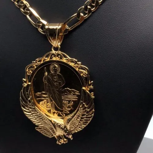 Gold Plated San Judas Tadeo Virgen Centenario Pendant Necklace