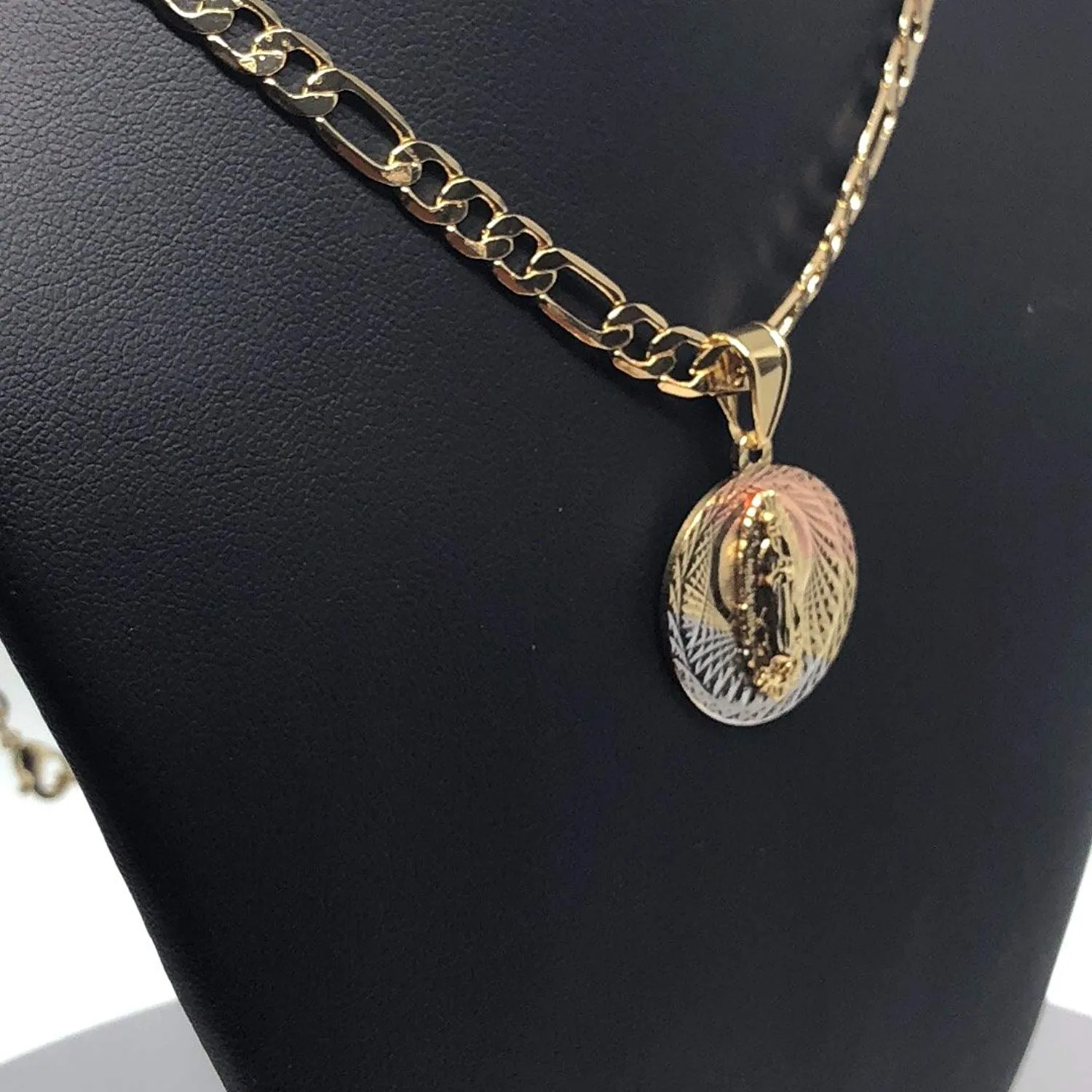 Gold Plated Tri Color Virgin Mary Pendant Necklace Figaro 26 Virgen Guadalupe