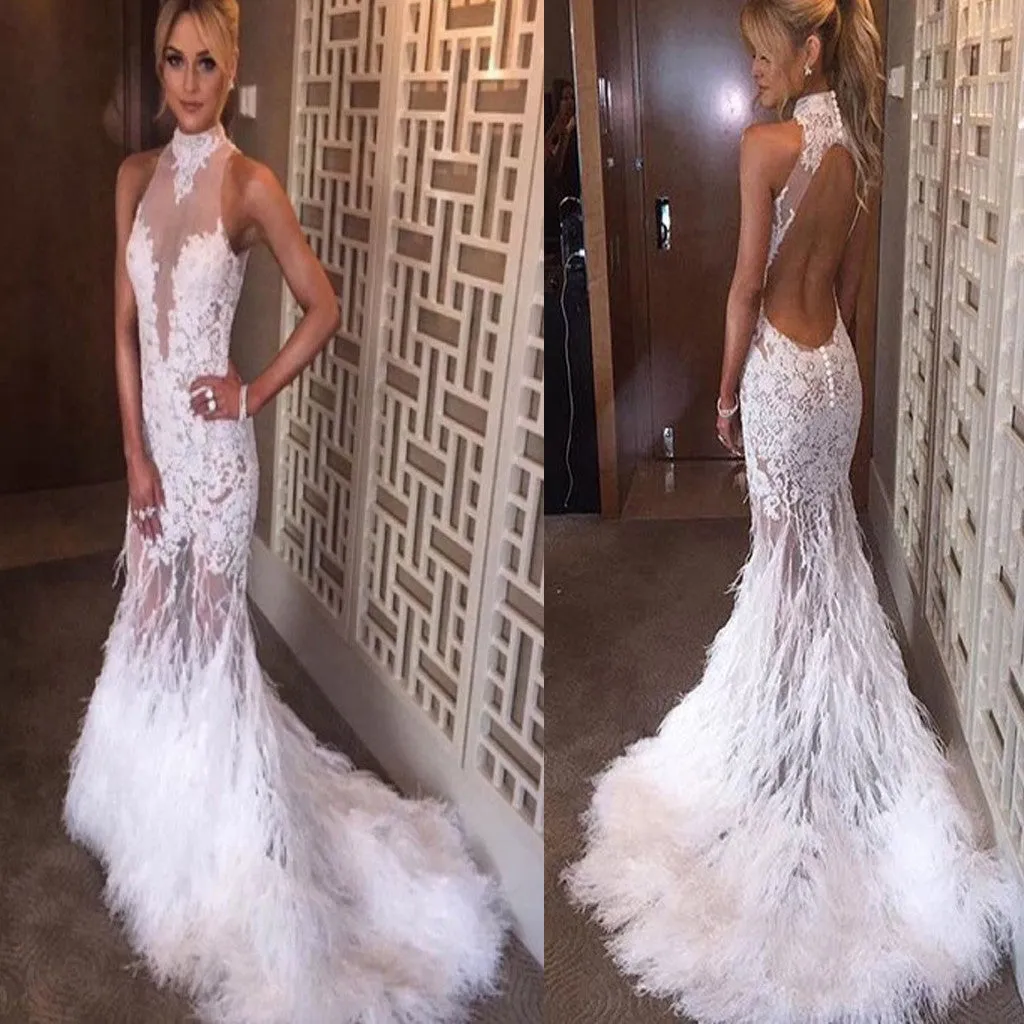 Gorgeous Hater White Mermaid Backless See Through Unique Evening Party Long Prom Dress. DB010