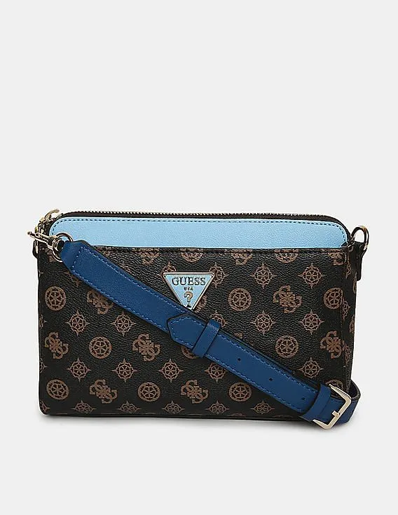 GUESS Women Brown And Blue Printed Maddy Girlfriend Crossbody Sling Bag