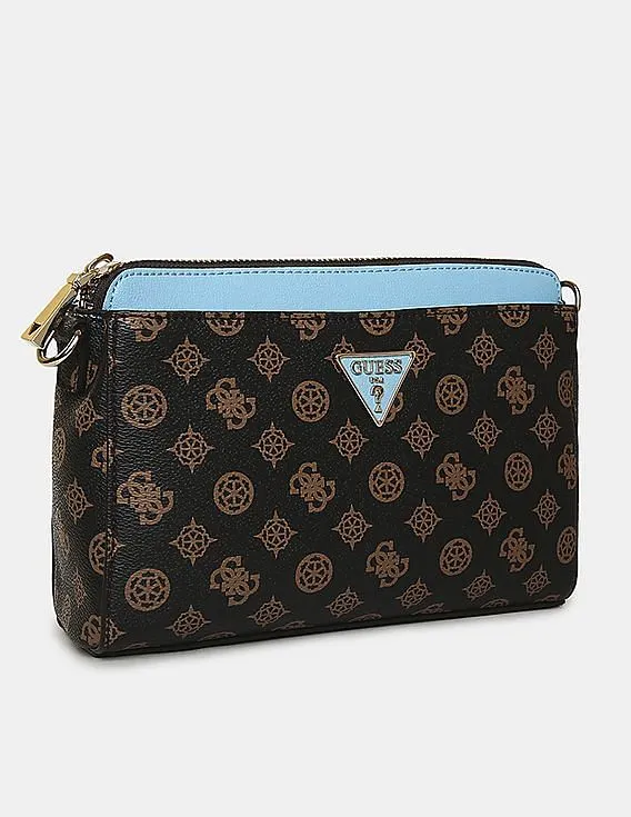 GUESS Women Brown And Blue Printed Maddy Girlfriend Crossbody Sling Bag