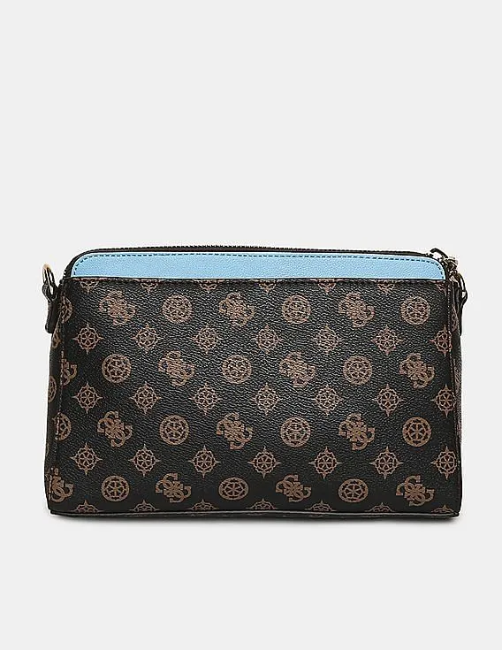 GUESS Women Brown And Blue Printed Maddy Girlfriend Crossbody Sling Bag