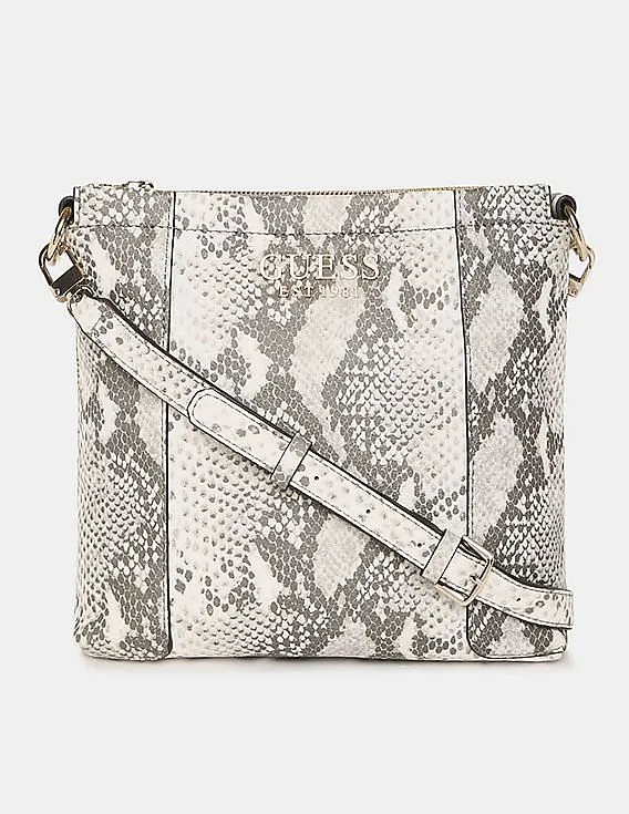 GUESS Women Grey And White  Snake Pattern Holly Society Crossbody Sling Bag