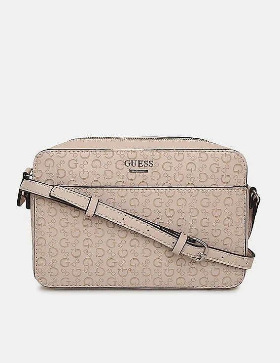 GUESS Women Light Pink Printed Campos Mini Camera Crossbody Sling Bag