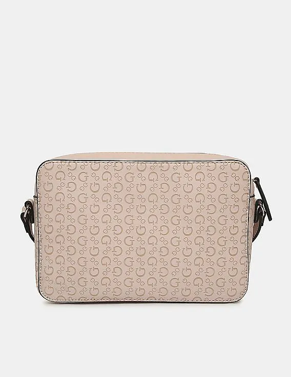 GUESS Women Light Pink Printed Campos Mini Camera Crossbody Sling Bag