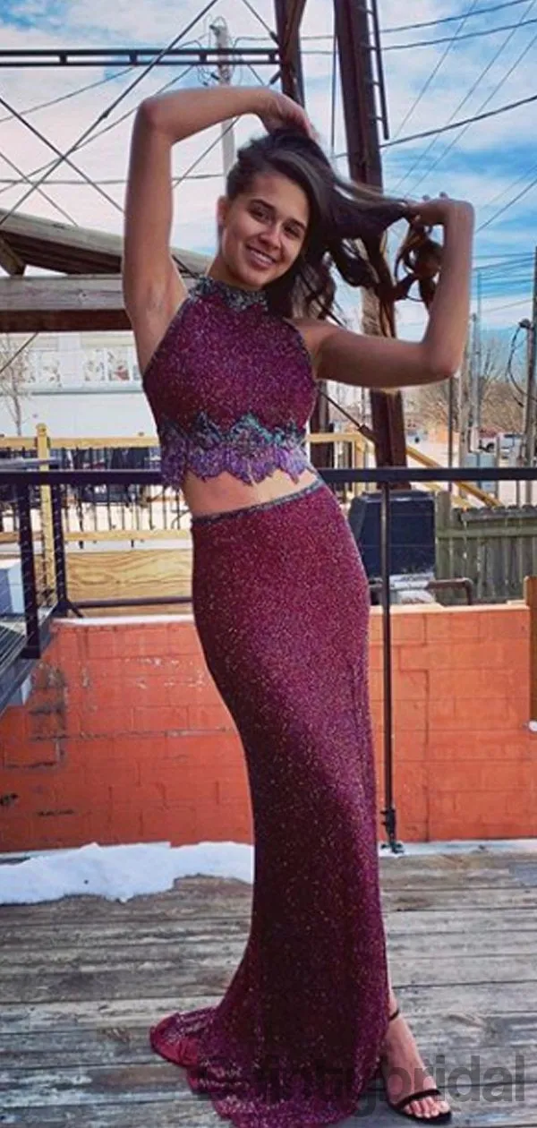 Halter Mermaid  Sequin Two Piece Long Prom Dresses. DB10275