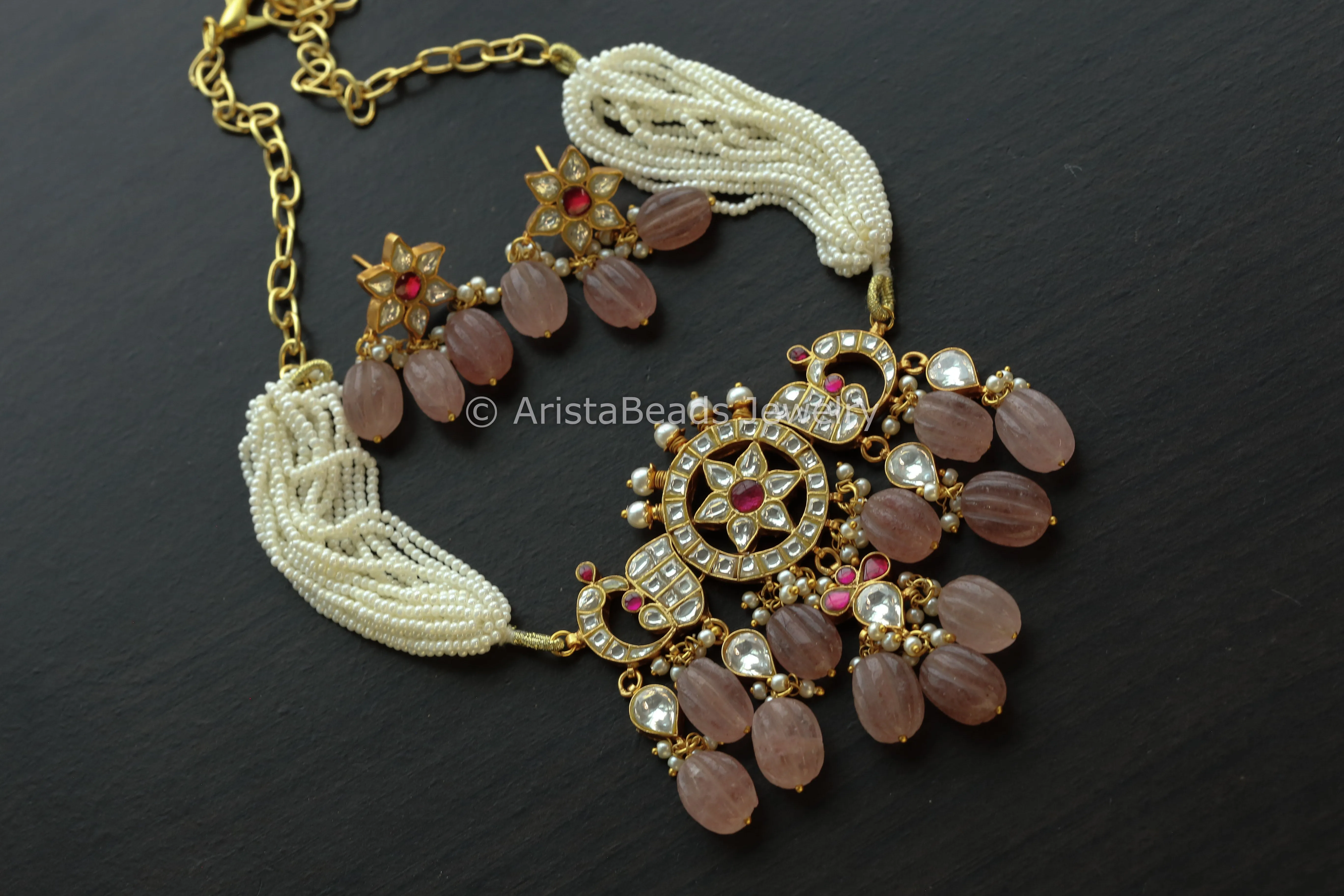 Handmade Jadau Kundan Necklace Choker Set- Strawberry Quartz Drops