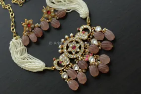 Handmade Jadau Kundan Necklace Choker Set- Strawberry Quartz Drops