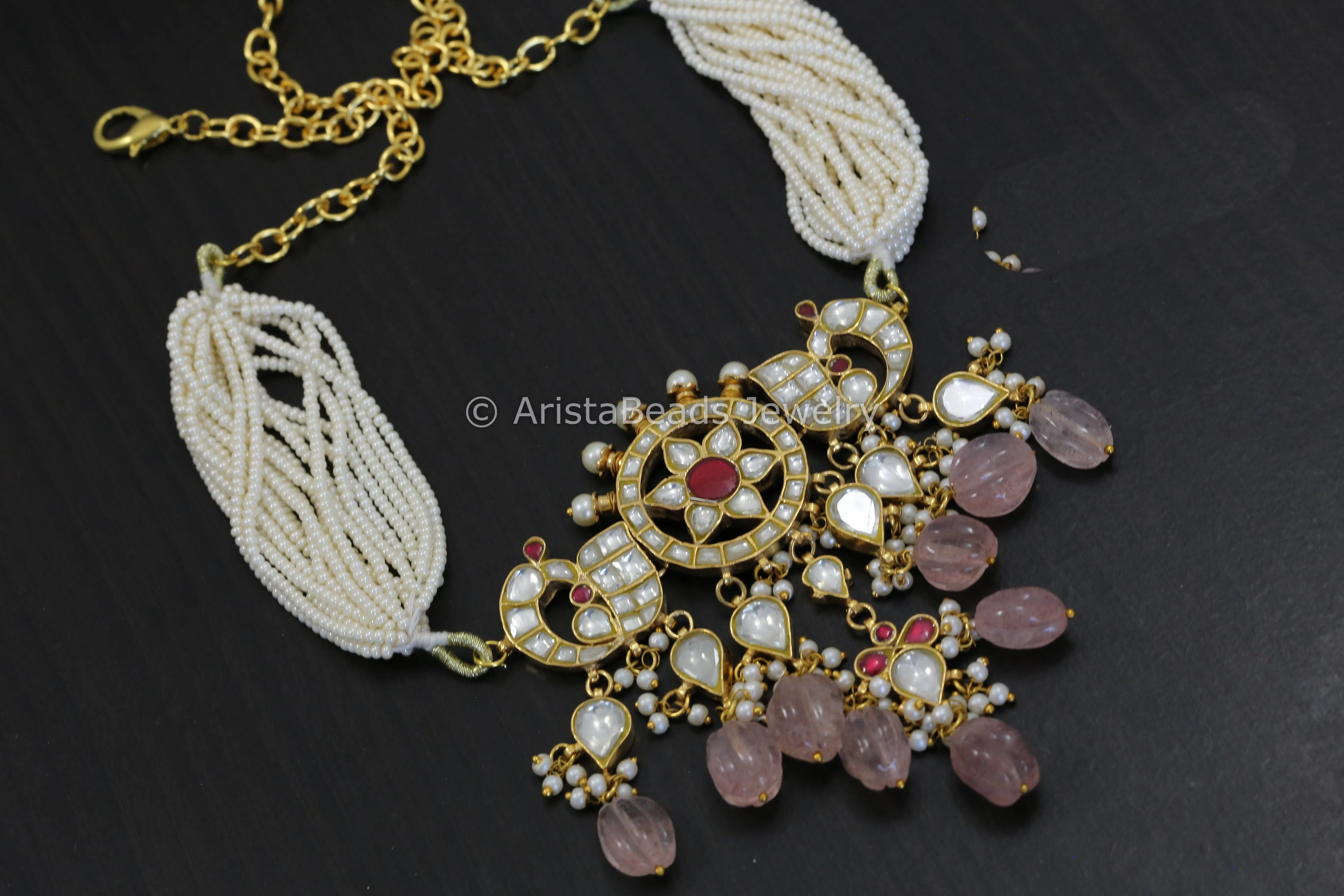 Handmade Jadau Kundan Necklace Choker Set- Strawberry Quartz Drops