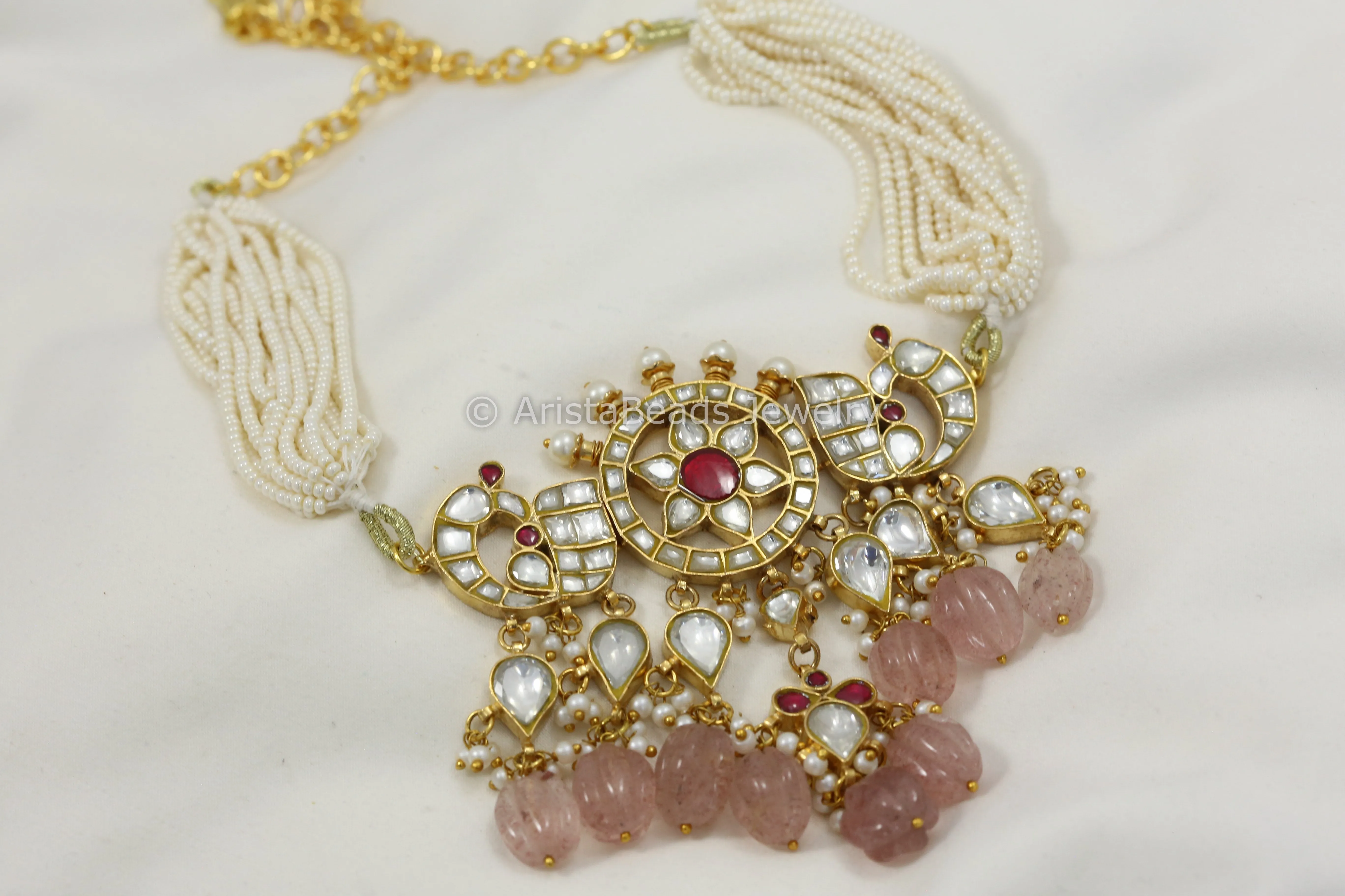 Handmade Jadau Kundan Necklace Choker Set- Strawberry Quartz Drops