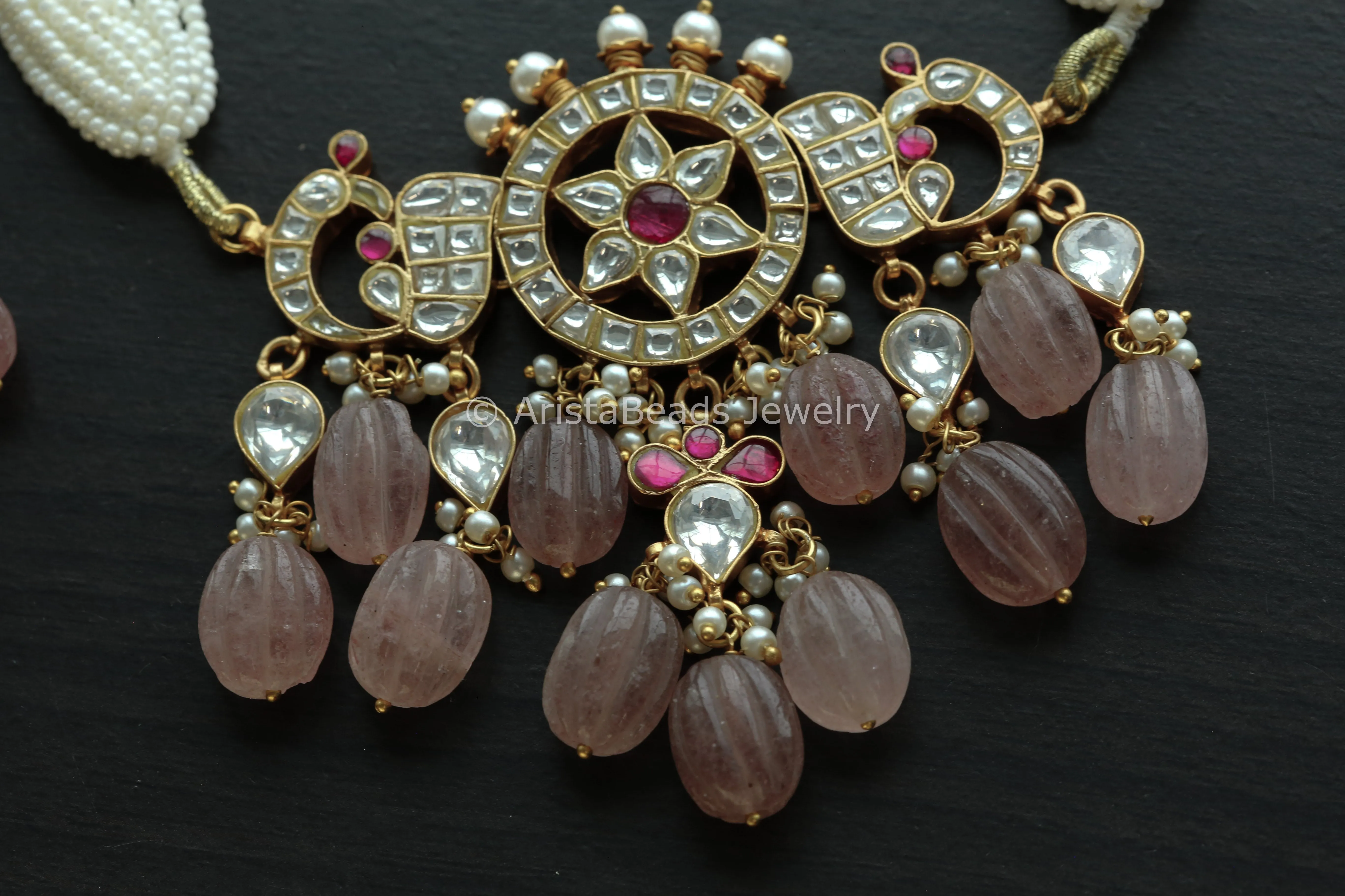 Handmade Jadau Kundan Necklace Choker Set- Strawberry Quartz Drops