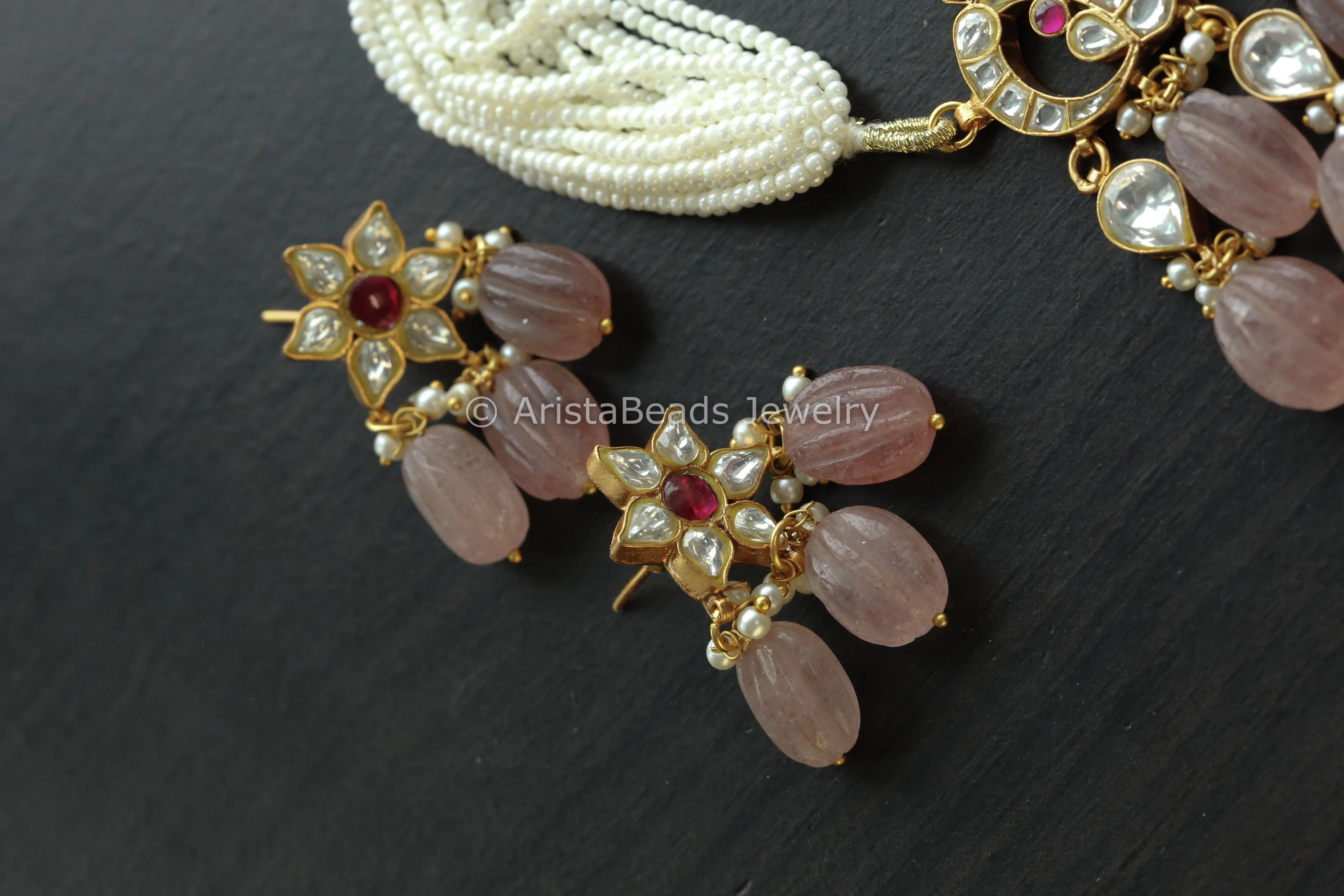 Handmade Jadau Kundan Necklace Choker Set- Strawberry Quartz Drops