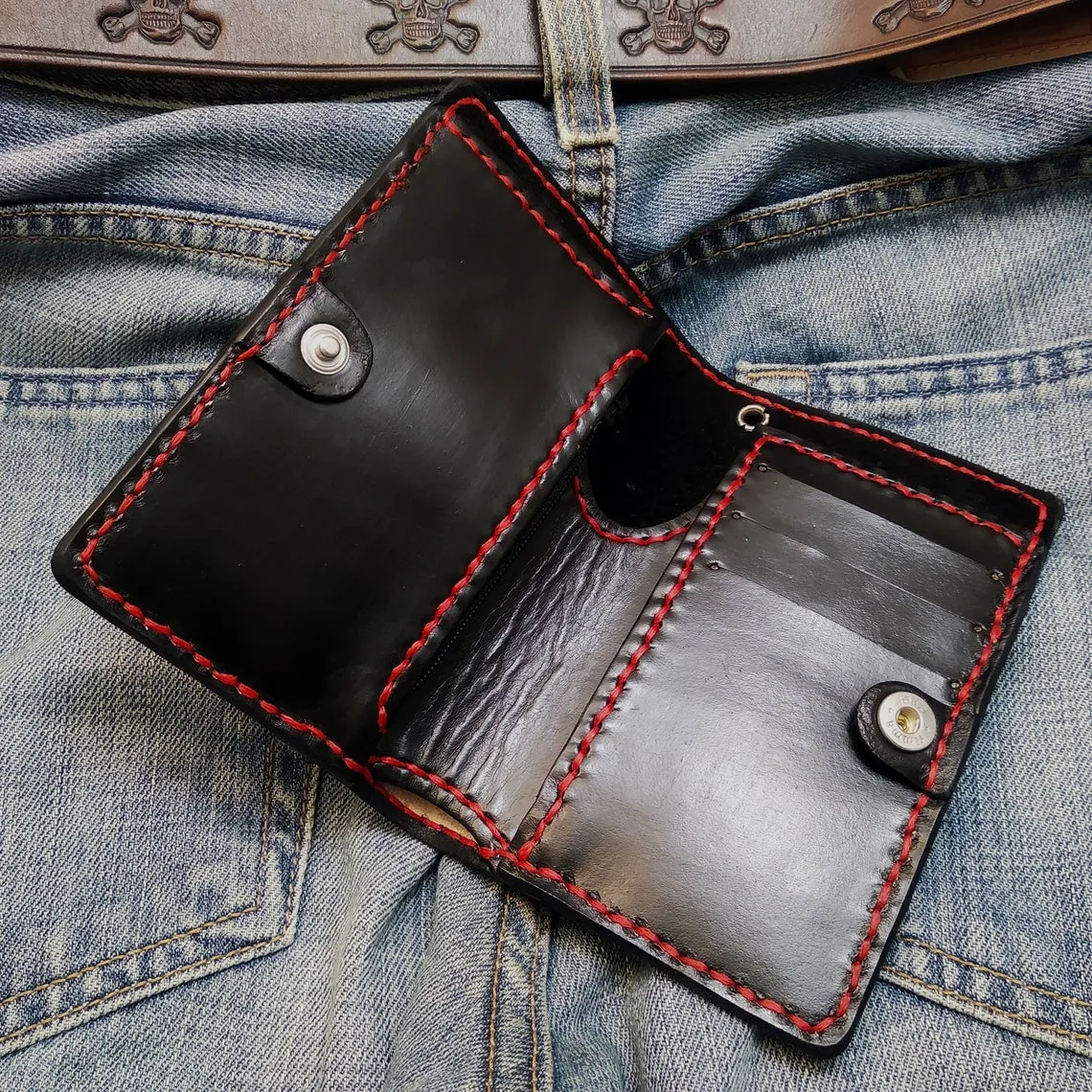 Handmade Leather Wallet Biker Style Engraved With Red Devil By Another Way of Life