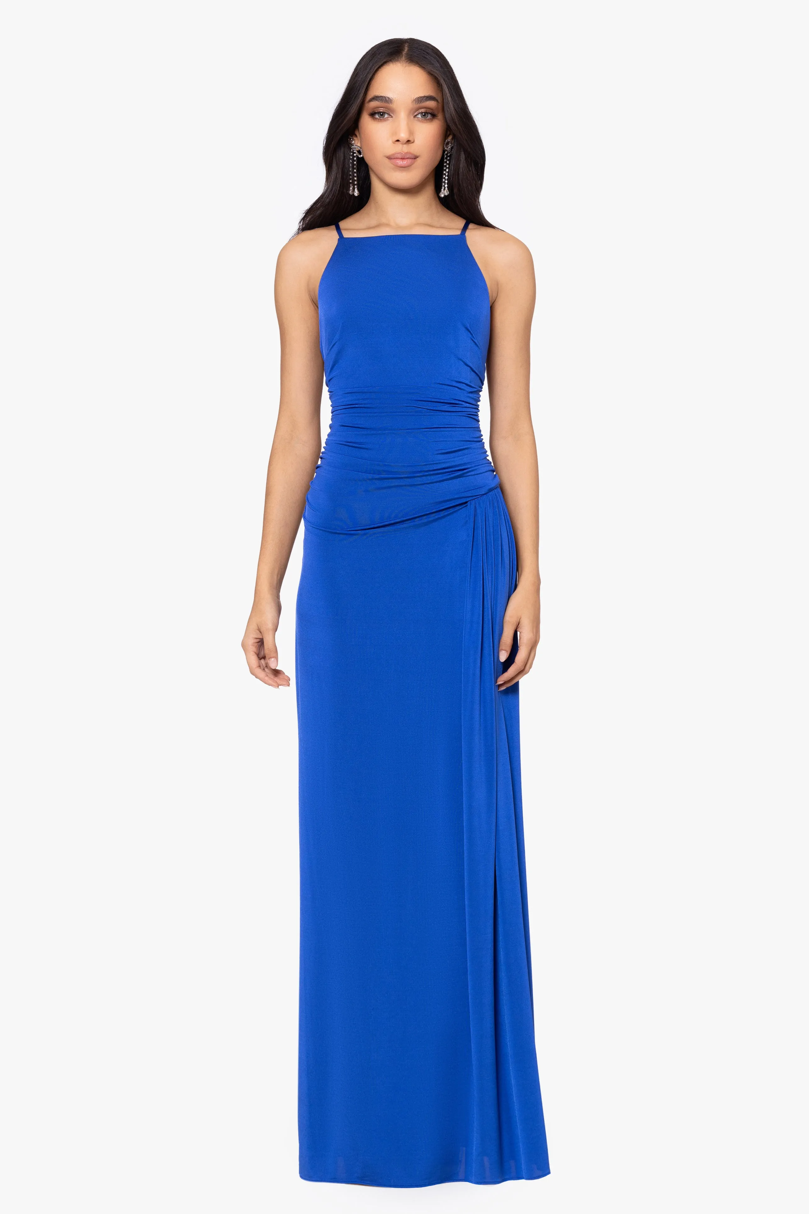 Kelsey Long Knit Spaghetti Strap Rouched Floor Length Dress