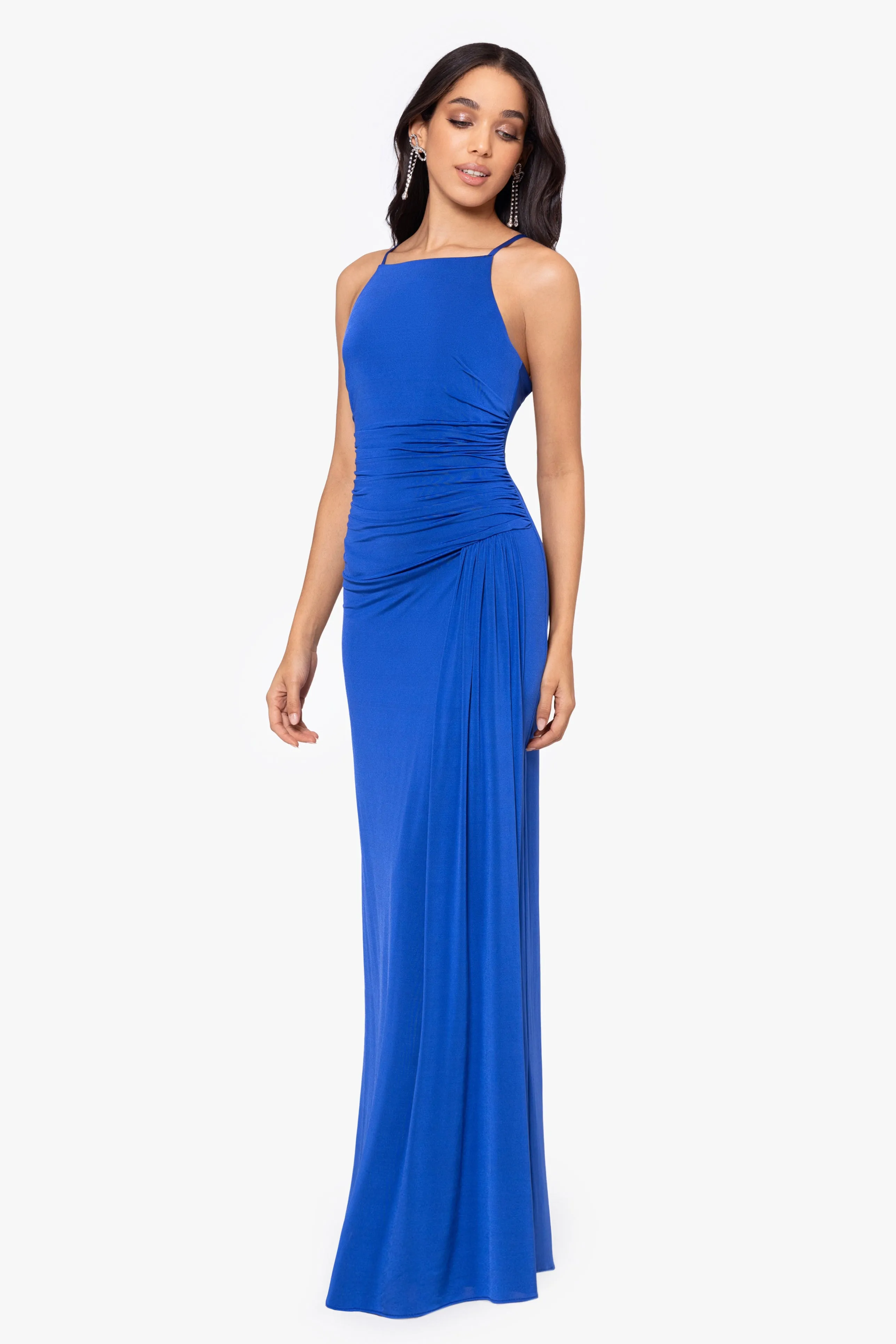 Kelsey Long Knit Spaghetti Strap Rouched Floor Length Dress