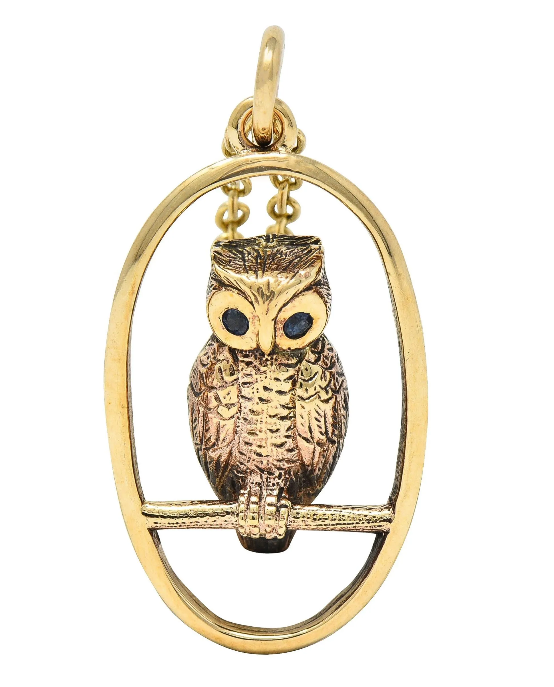 Late Victorian Sapphire 9 Karat Yellow Gold Antique Owl Pendant Necklace