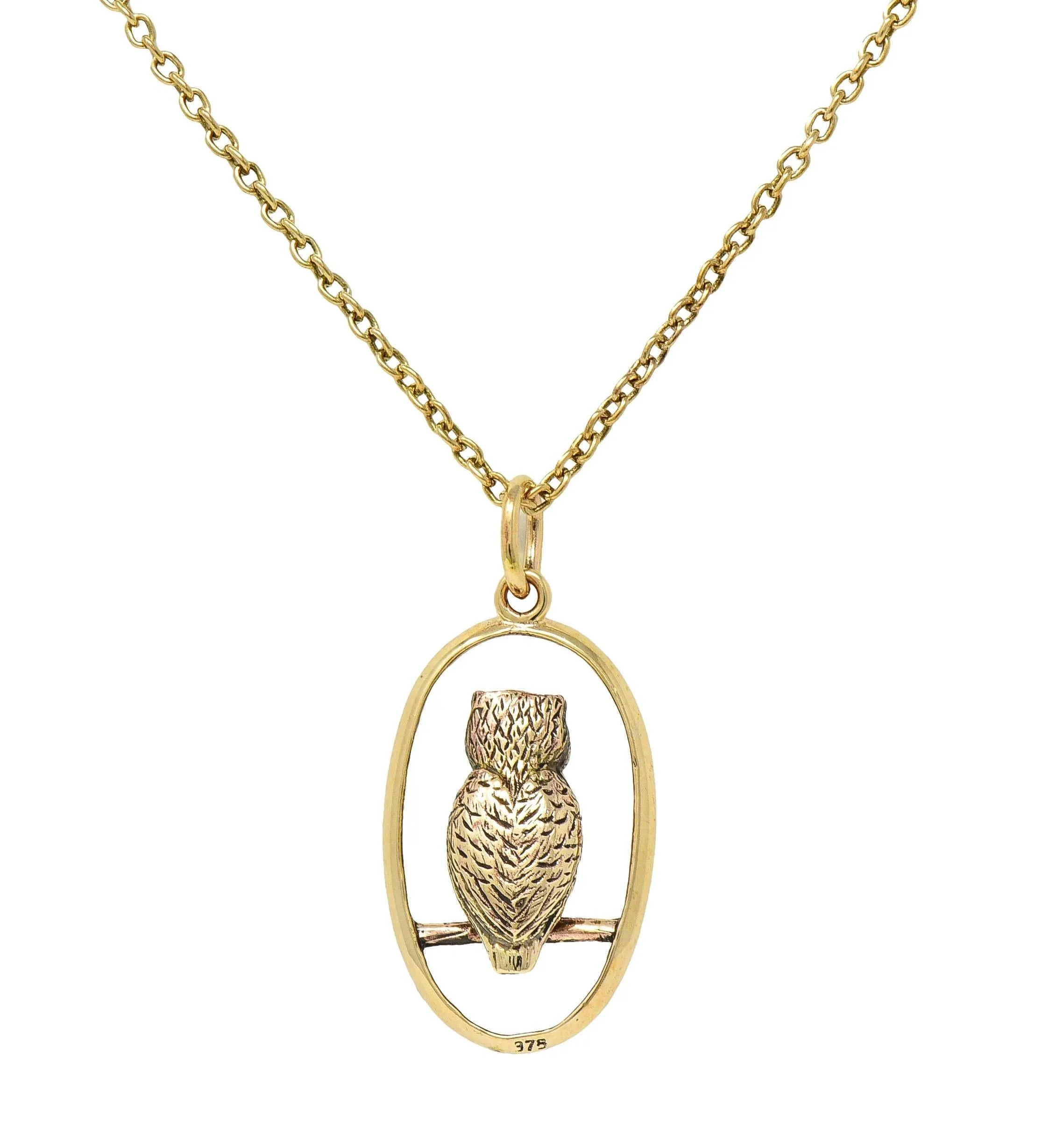 Late Victorian Sapphire 9 Karat Yellow Gold Antique Owl Pendant Necklace