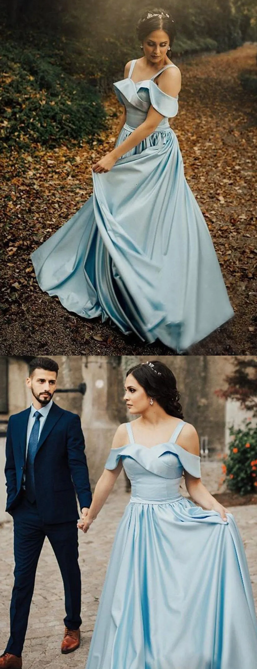 Light Blue Satin Simple Off Shoulder Prom Dresses, DB1084