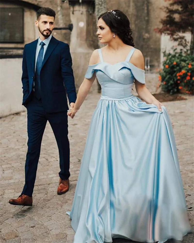 Light Blue Satin Simple Off Shoulder Prom Dresses, DB1084