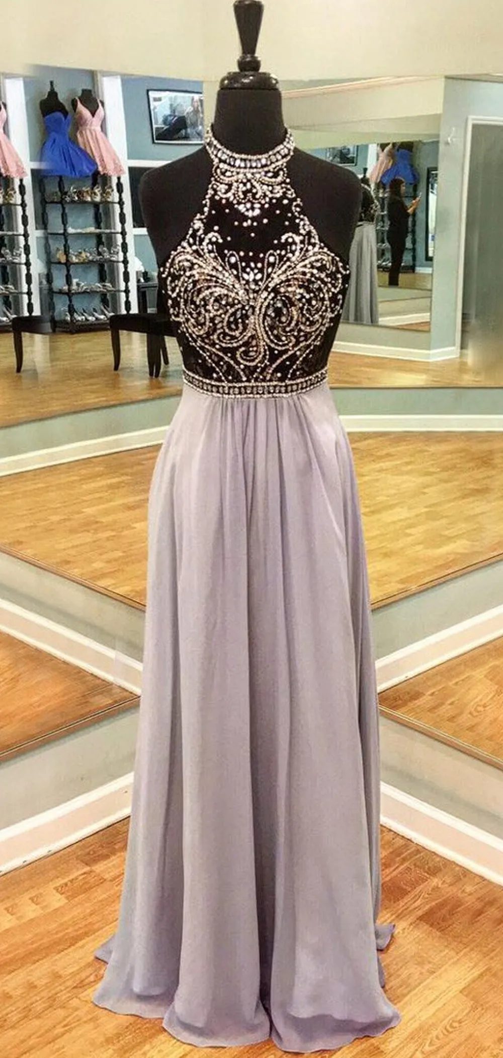 Lilac Chiffon Beading Halter Open Back Prom Dresses, DB1082