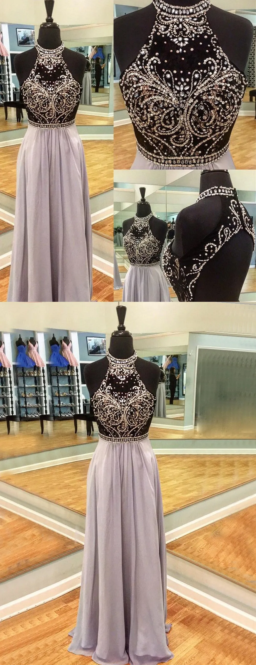 Lilac Chiffon Beading Halter Open Back Prom Dresses, DB1082