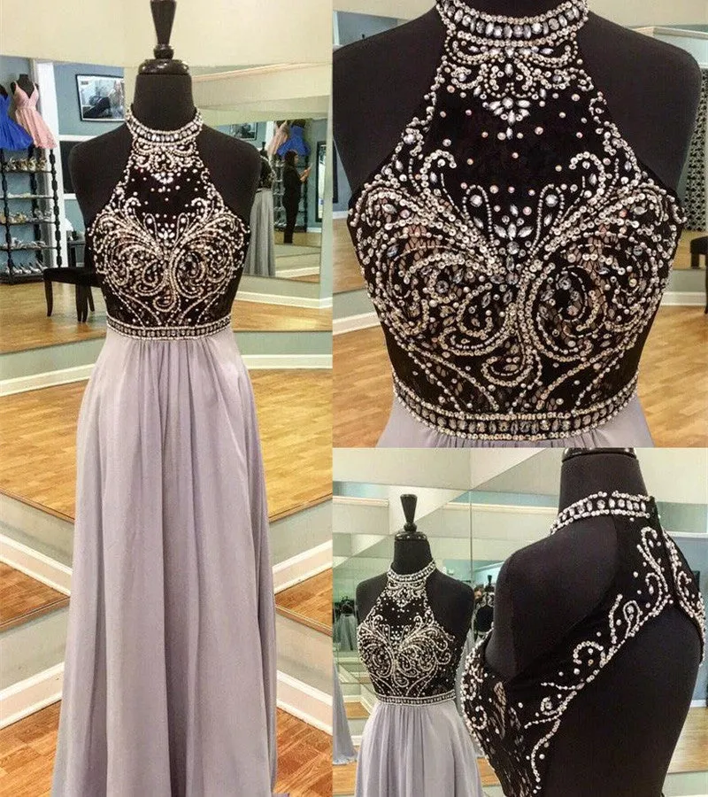 Lilac Chiffon Beading Halter Open Back Prom Dresses, DB1082