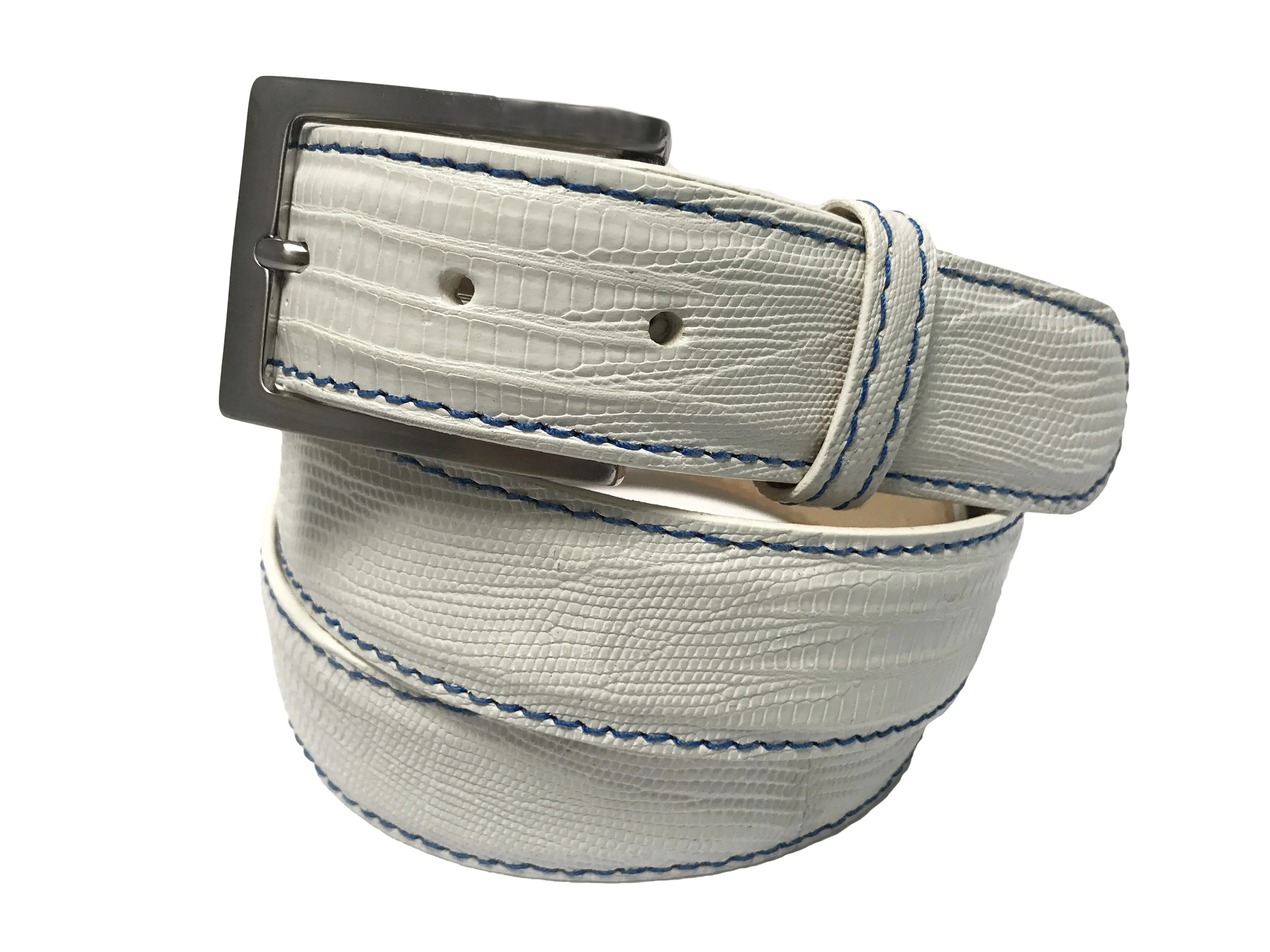 Lizard Skin Belt White / Blue Stitch