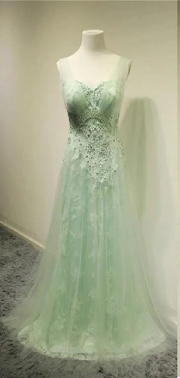 Long A-line Sage Tulle Beading Lace Sweetheart Sleeveless Unique Elegant Party Prom Dresses,PD0193