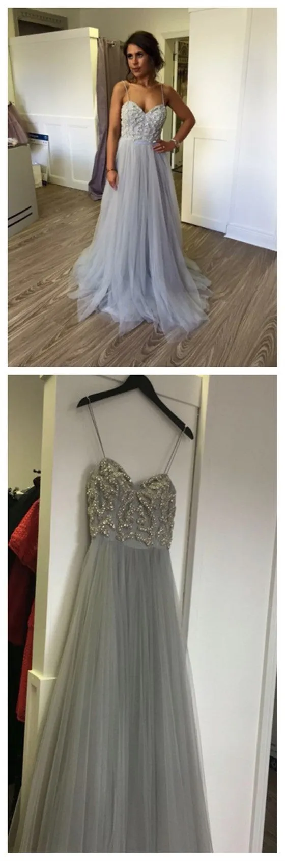 Long A-line Spaghetti Strap Gray Lace Beading Tulle Sweetheart Charming Prom Gown Dresses,PD0166