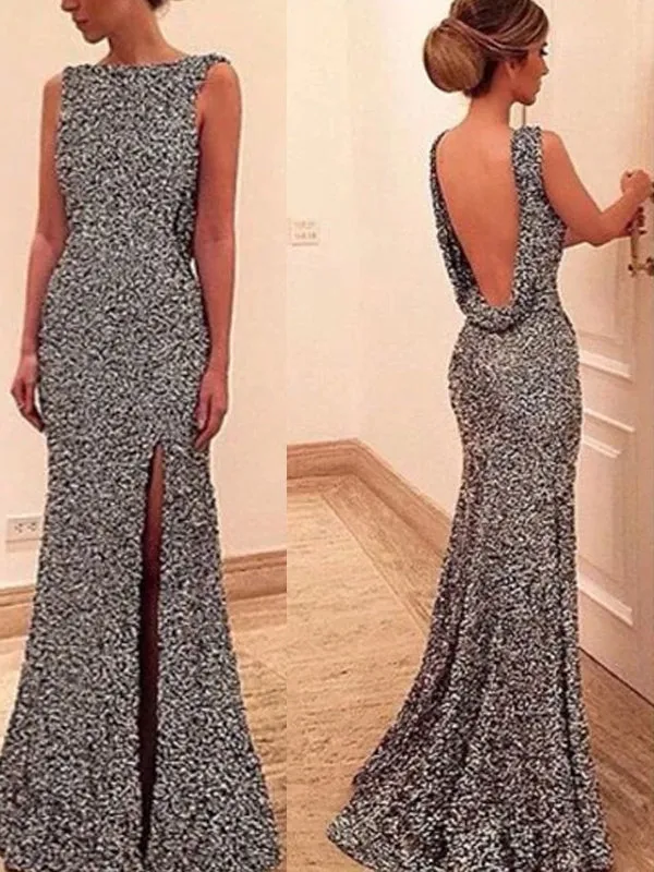 Long A-line Sparkly Sliver Sequins Split Side Sexy Elegant Charming Cowl Backless Evening Prom Dress, PD0142