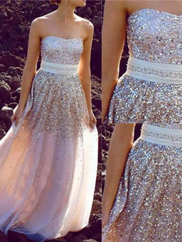 Long A-line With Sash Sweetheart Strapless Sparkle Gold Sequins Charming Evening Prom Dresses,PD0187