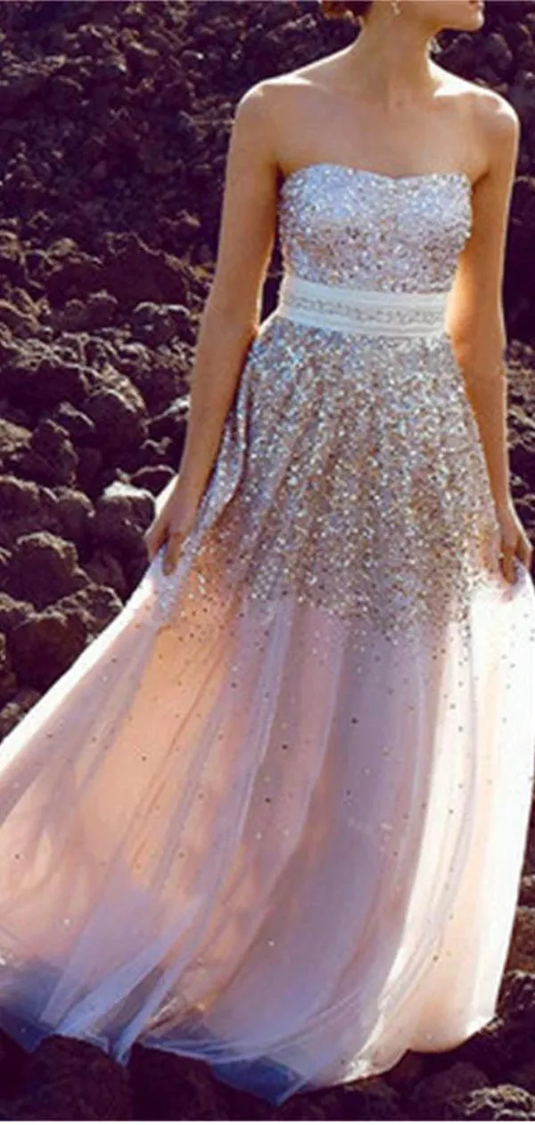 Long A-line With Sash Sweetheart Strapless Sparkle Gold Sequins Charming Evening Prom Dresses,PD0187